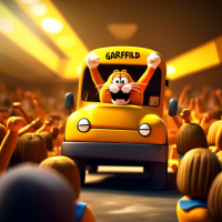 Garfield driving a school bus in a rock concert, Painting by Leonardo Da Vinci