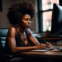 I need a landscape image of the a black-American woman sitting behind a PC with a pen in her hands