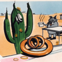 A cactus sitting next to onion rings in a farm, 1960s Cartoon