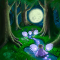 A magical, glowing forest with tall, luminous trees, a glittering stream, and tiny fireflies lighting the path. Luna flies ahead, lighting the way, with Lila walking behind her, looking in awe.