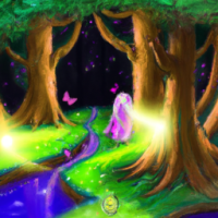 A magical, glowing forest with tall, luminous trees, a glittering stream, and tiny fireflies lighting the path. Luna flies ahead, lighting the way, with Lila walking behind her, looking in awe.cartoon image